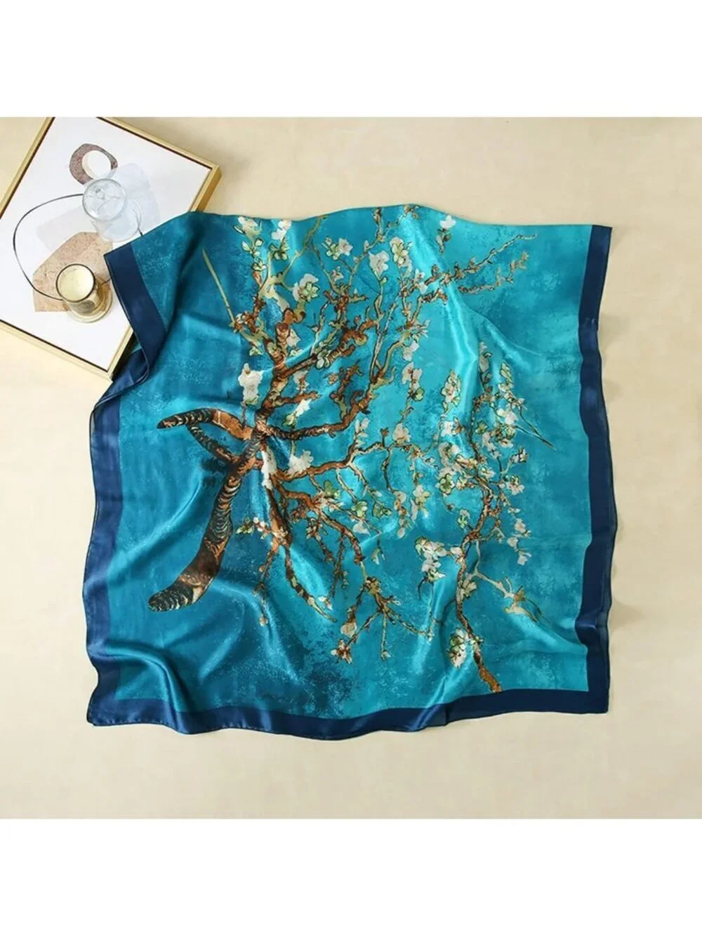 Women's Blue Lightweight Silk Like Scarves Flower Print Head Cotton Wrap Scarf